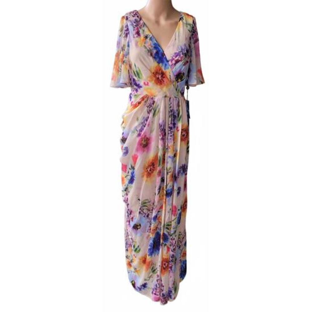 Adrianna Papell Floral Dress Printed Chiffon Fashion Sexy Pleats Aline Maxi Gown